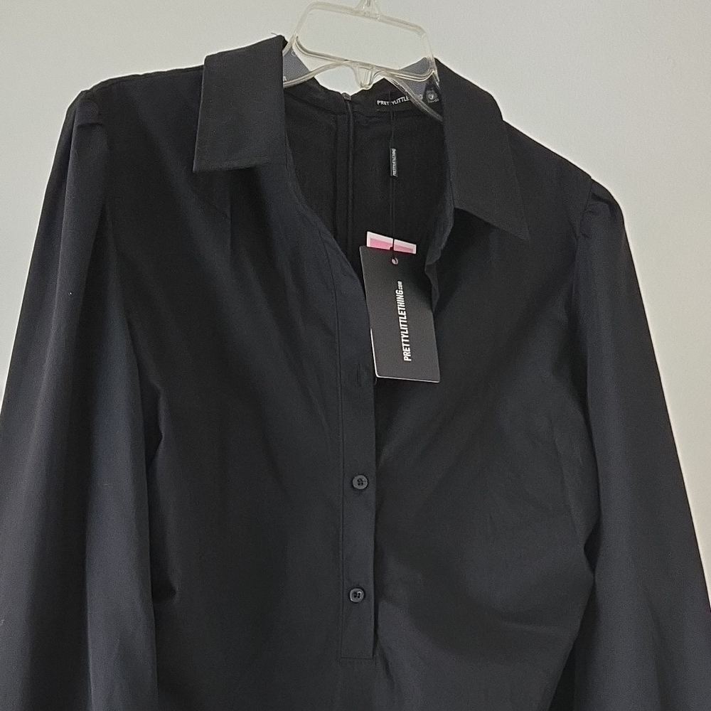 Black Button-Up Side Drawstring And Ruched Shirt Mini Dress SKU009